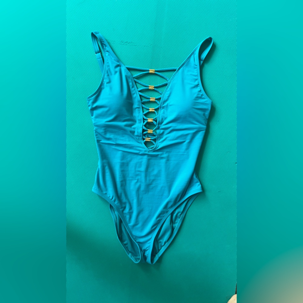 Turquoise One-Piece Swimsuit with Gold Accents